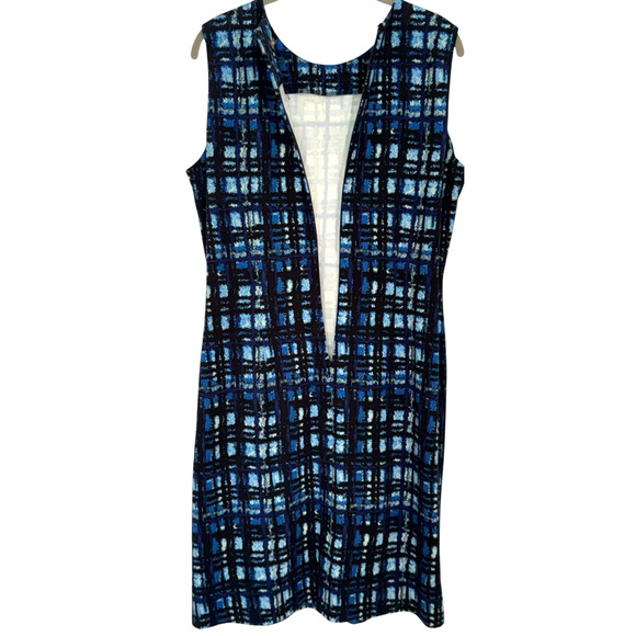 J. McLaughlin Size L Blue Black Abstract Plaid Jersey Sheath Dress Sleeveless - Picture 3 of 6